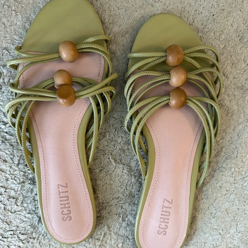 Schutz Aster Strappy Slide Sandal Mellow Green Leather Size 9.5B